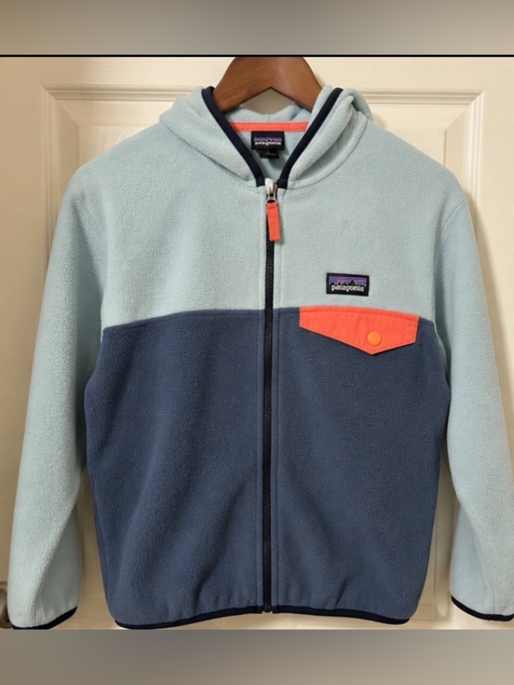 Patagonia Kids Two-Tone Fleece Hoodie in Light Blue, Navy & Coral